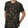 Whimsigoth Golden Deer Skull Floral Pattern on Black Background by Little Wimbly