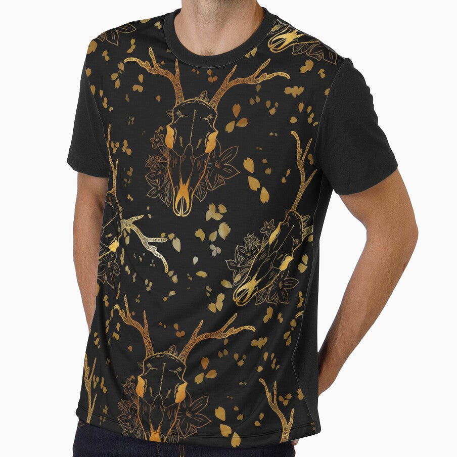 Whimsigoth Golden Deer Skull Floral Pattern on Black Background by Little Wimbly