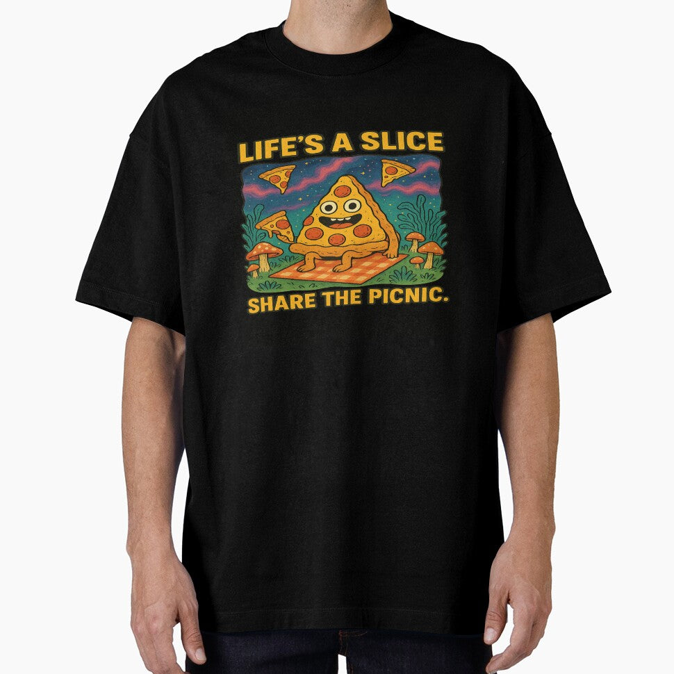 Life’s a Slice – Funny Pizza Picnic Cosmic Mushroom by POD DYNASTY | Original Print On Demand T-Shirt Graphics