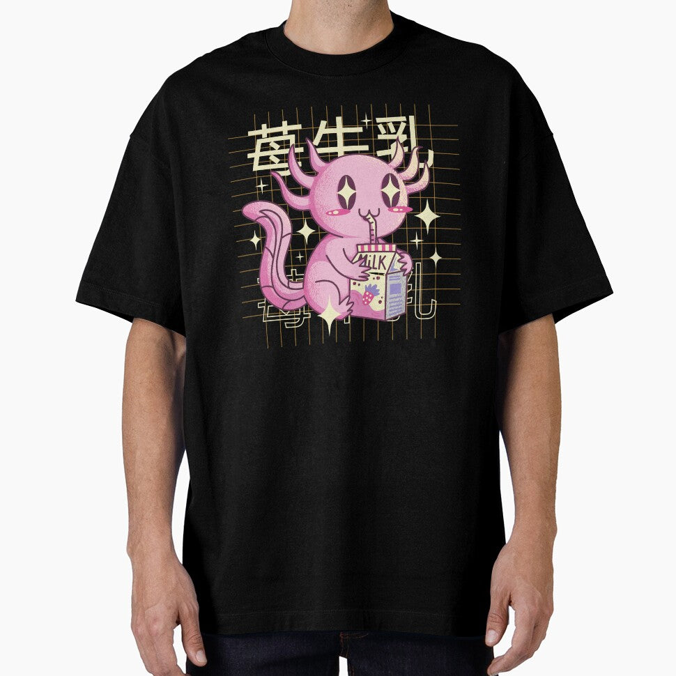 Kawaii Axolotl drinking Strawberry milk - boba tea by Paperfly Studio