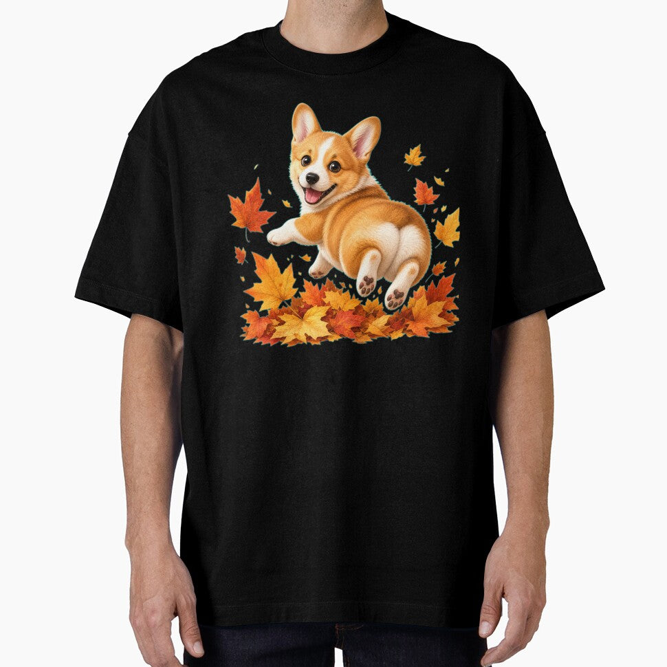 Playful Corgi Puppy in Autumn Leaves by DarVibe Designs