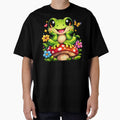 Cute Kawaii Frog Sitting on Mushroom – Happy Frog Cartoon Sticker & T-Shirt by irfanshikh