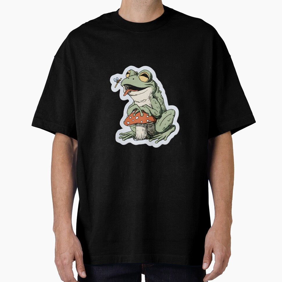 "Snack Time" Cute Frog on Mushroom Catching a Fly by The Mix Tape