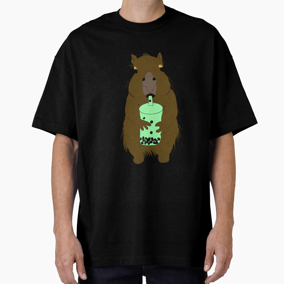 Cute Capybara Drinking Matcha Bubble Tea Illustration by Najomiartstudio