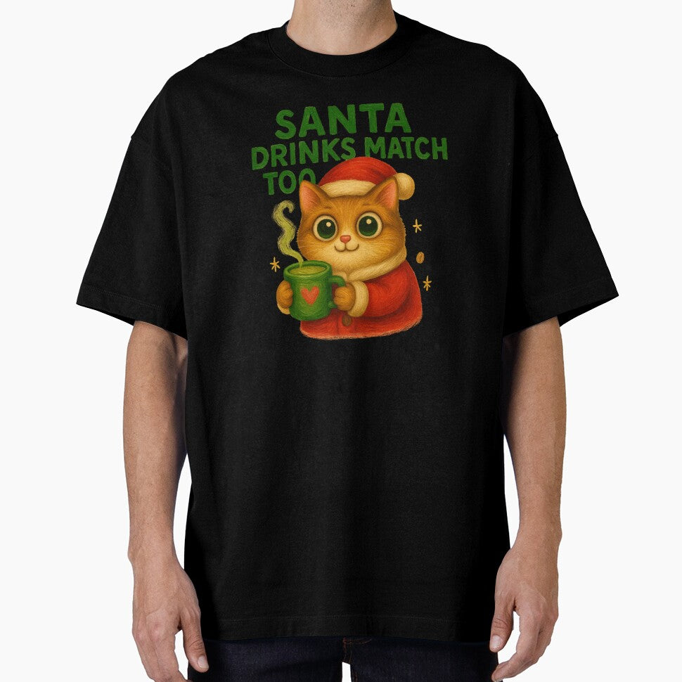 Santa Drinks Matcha Too Cat Art by Liv Solara