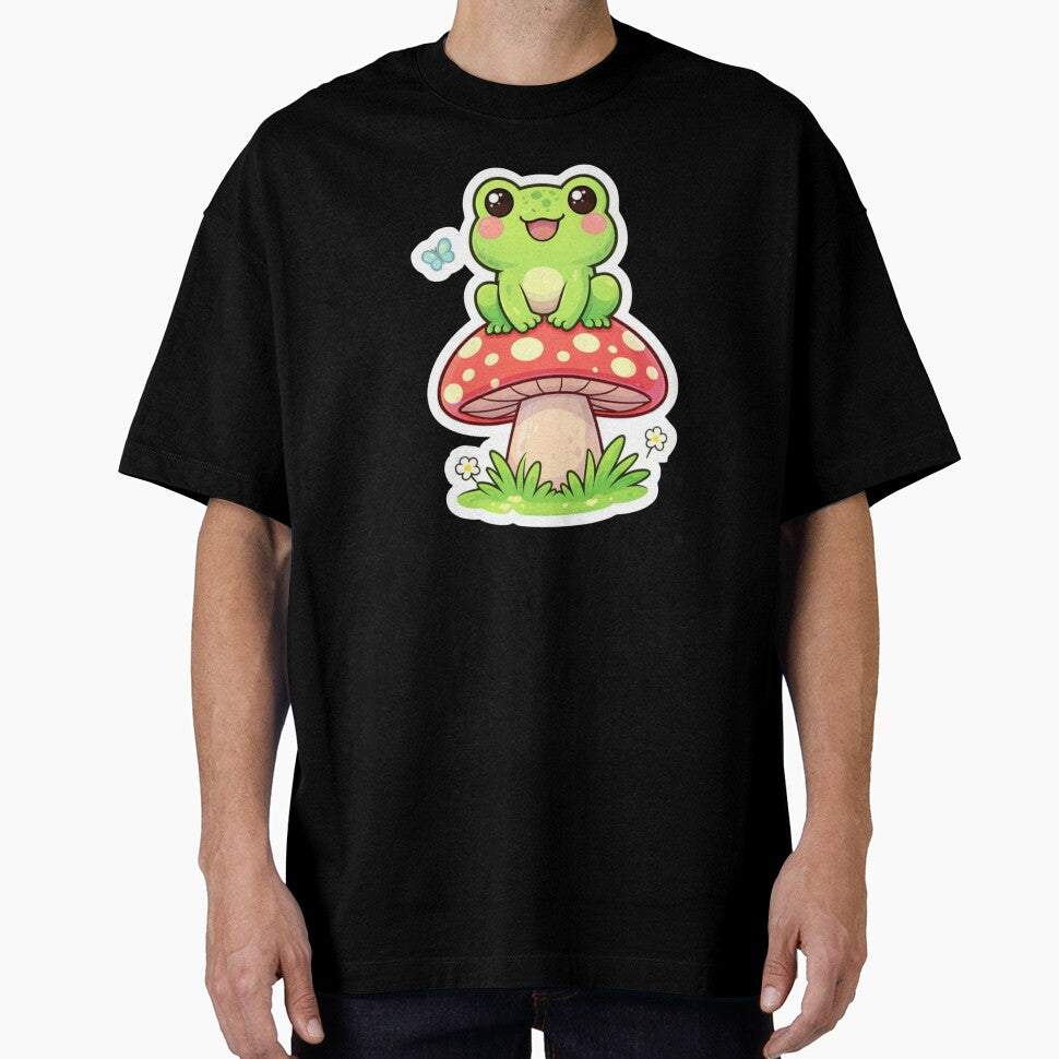 Cute Frog Sitting on Mushroom Sticker – Kawaii Frog Cartoon by Dasts Cart