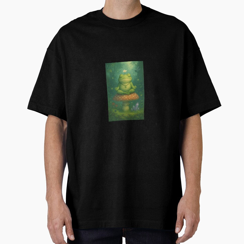 Meditating Frog on Mushroom – Whimsical Forest Spirit Art by SoftWavesStudio