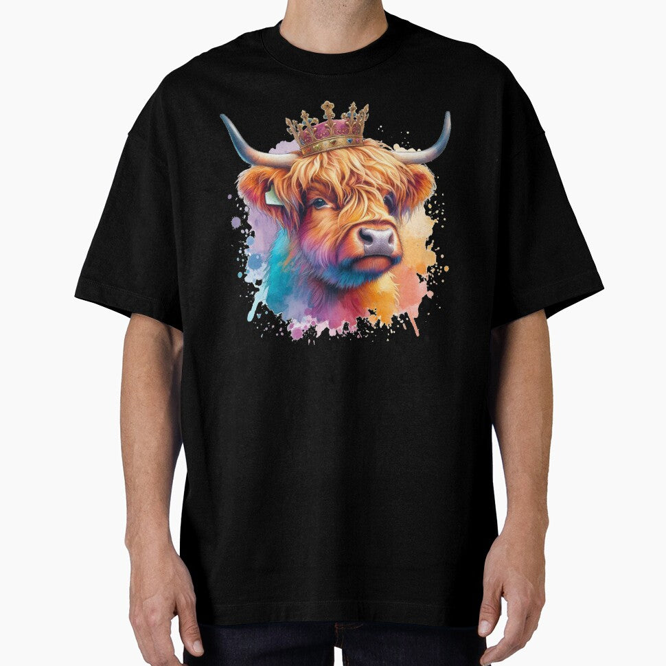 Scottish Highland Cow Wearing a Royal Crown Colorful Watercolor by MaedK