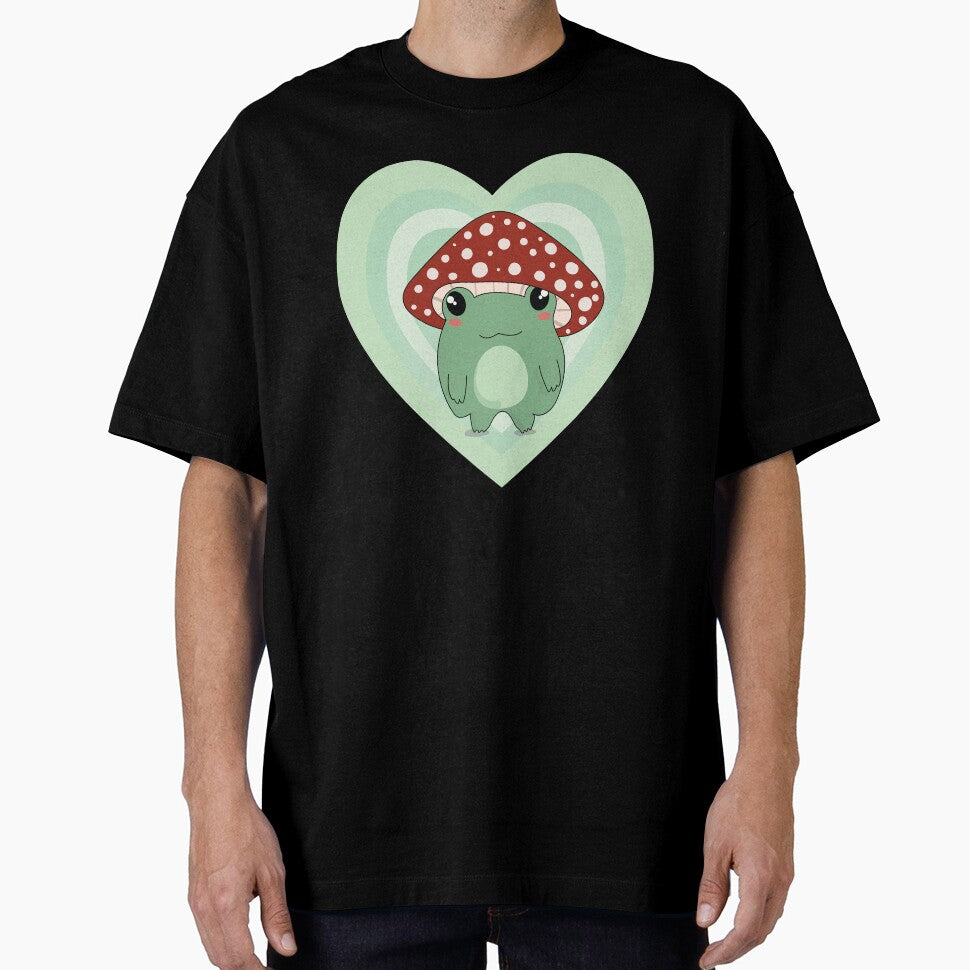 Mushroom Hat Kawaii Frog on Light Green Hearts by Good-Find