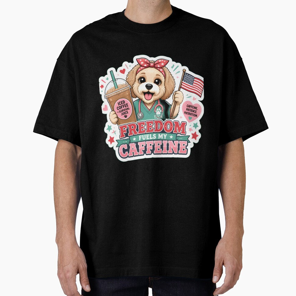 Freedom Fuels My Caffeine Vet Tech Dog | Funny 4th of July Veterinary Design by Bettybee00