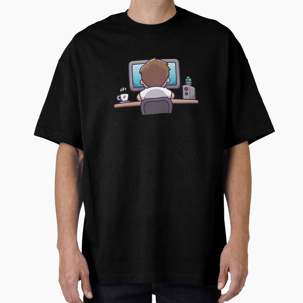 Gamer Boy Working at Desk with Coffee and Computer by shalbmv