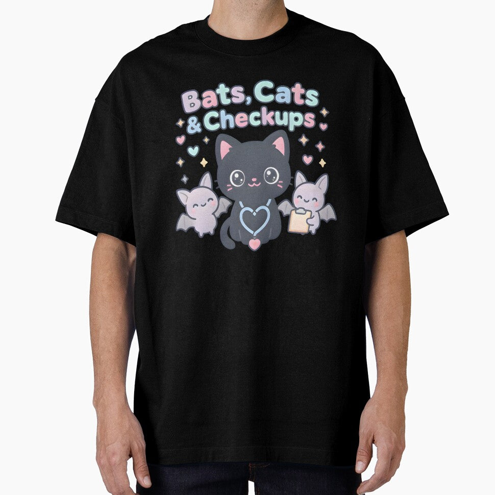 Bats, Cats & Checkups Kawaii Halloween Vet T-Shirt | Cute Cat & Bat Design by Bettybee00