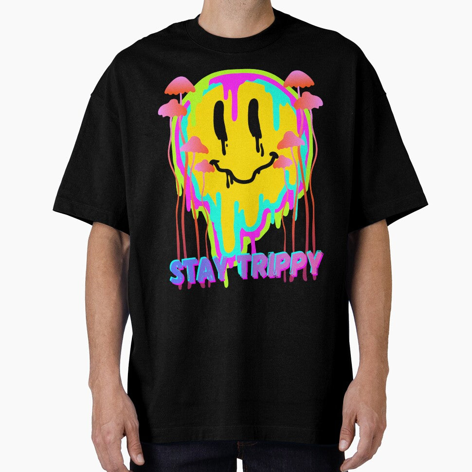 Stay Trippy Psychedelic Smiley Face – Neon Drip Mushroom Art by Painted Moon by Luna Bee™