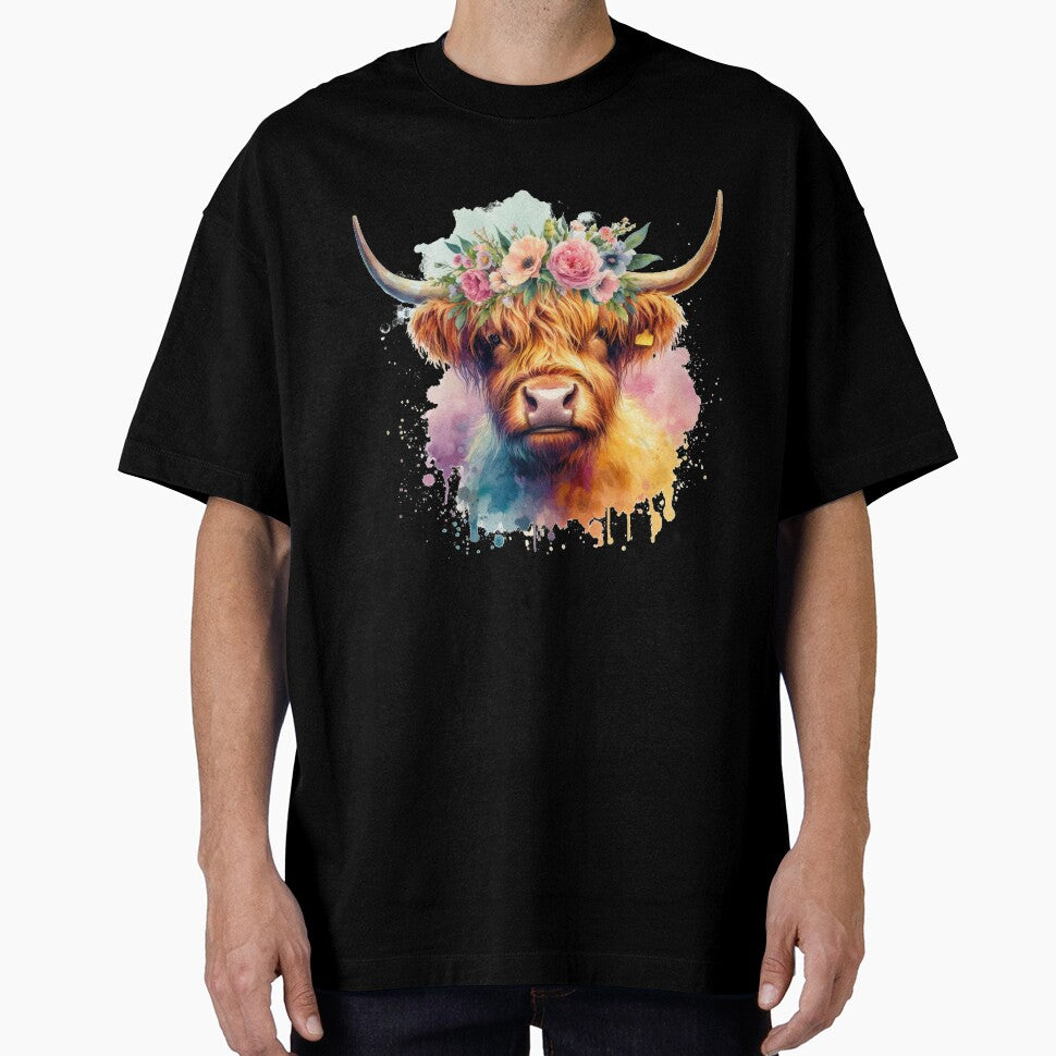 Scottish Highland Cow Wearing a Crown of Flowers Colorful Watercolor by MaedK