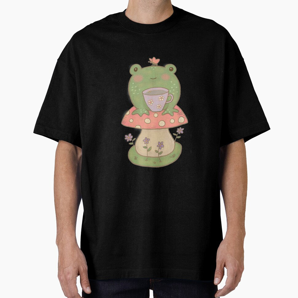 Pale Green Frog On Mushroom With Tea Cup by lindaxse