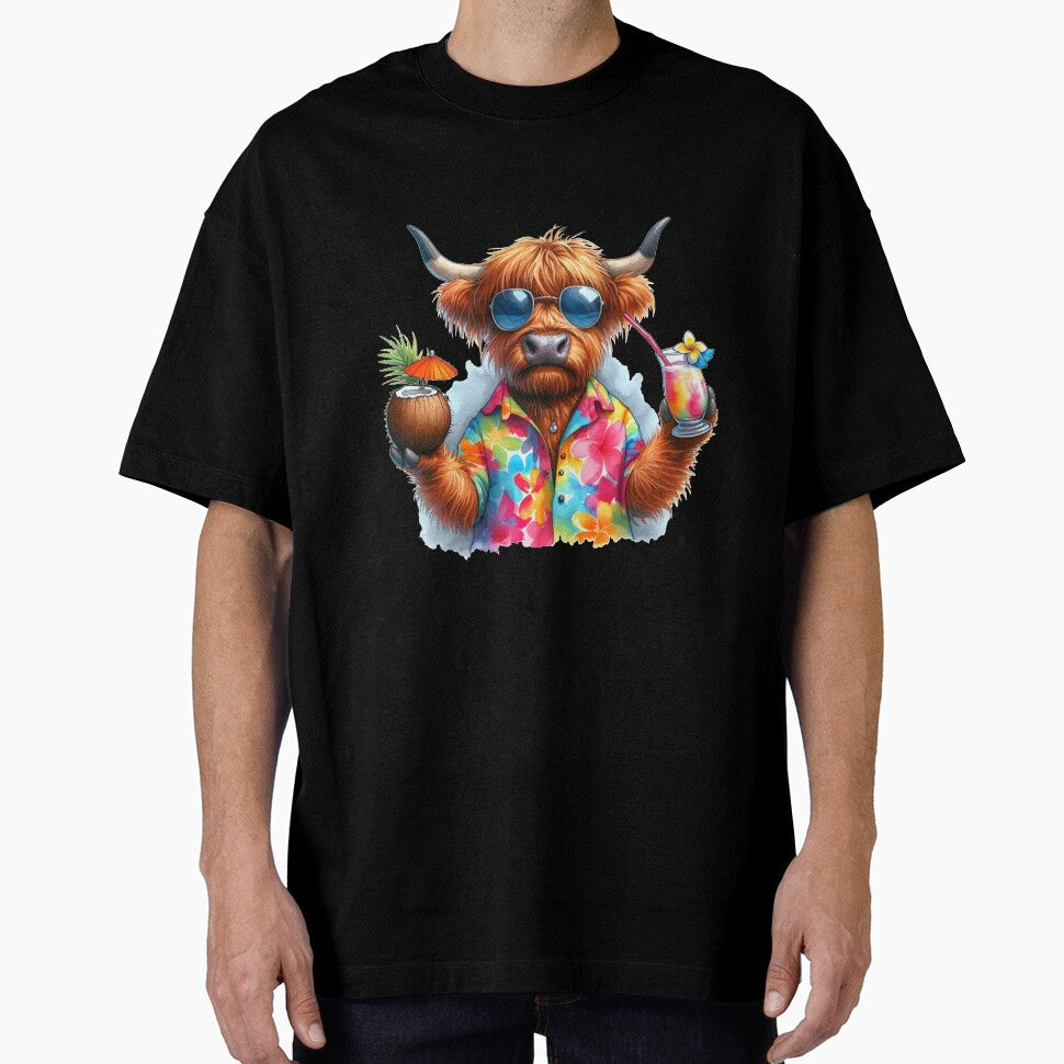 Scottish Highland Cow on Tropical Vacation Drinking Cocktails in Shades in a Hawaiian Shirt Colorful Watercolor by MaedK