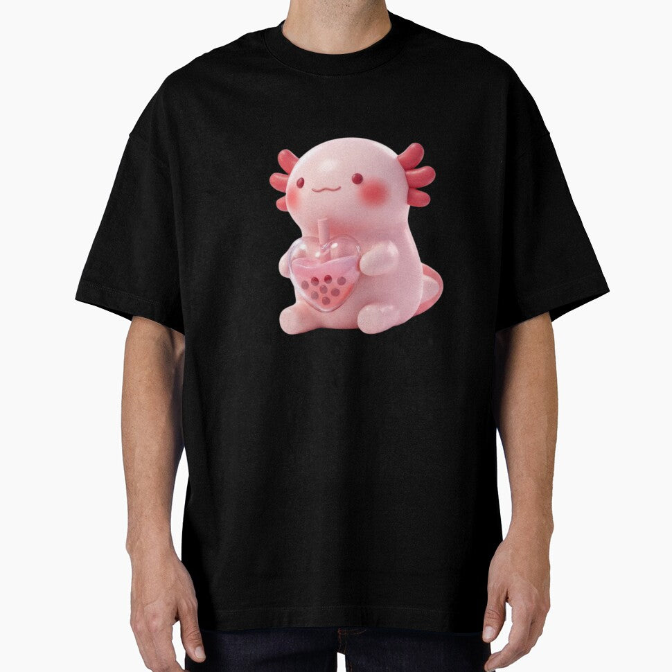 Cute Pink Axolotl Holding Heart Drink by kunsuriyapaisan Paranee