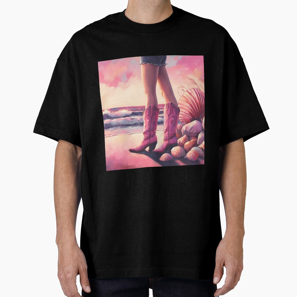 Sands, Shells, and Cowgirl Spells, Ocean Hues with Pink Boots Swells by EmeraldeaArt