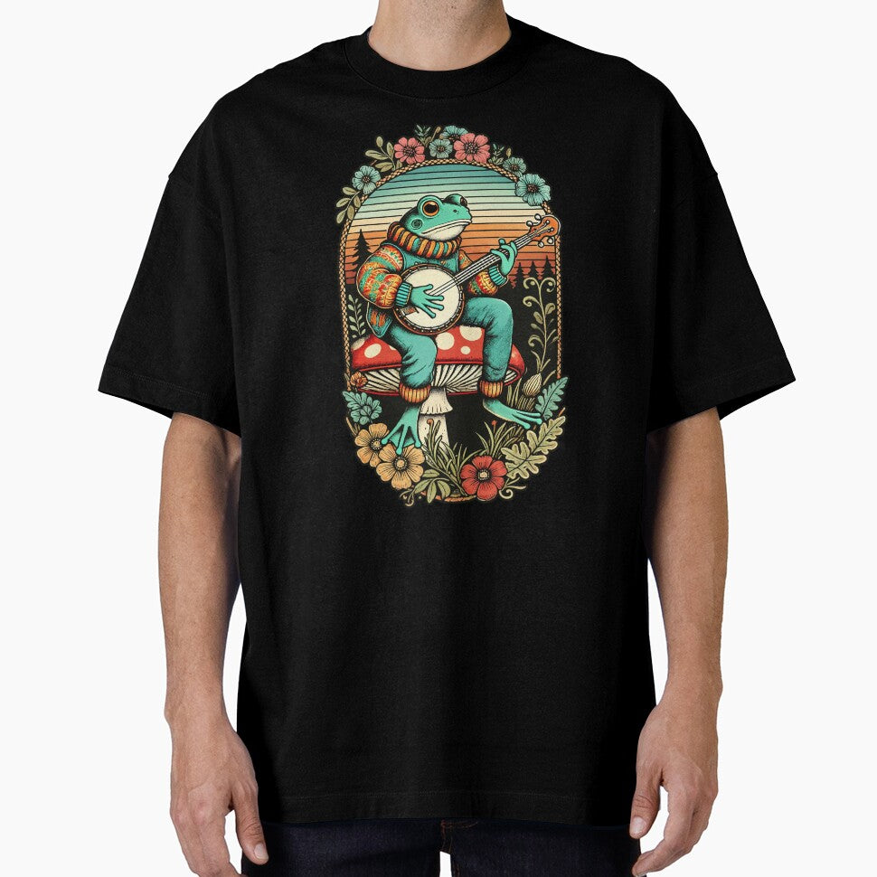 Vintage Sunset Banjo-Playing Frog on Mushroom Cottagecore Folk Design by Victor Shadehorn