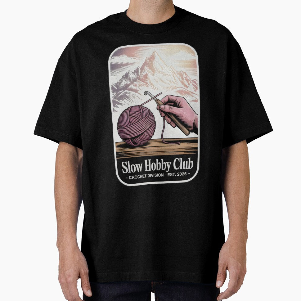 Slow Hobby Club Crochet Division Emblem with Mountains and Pink Yarn by SplashTastic