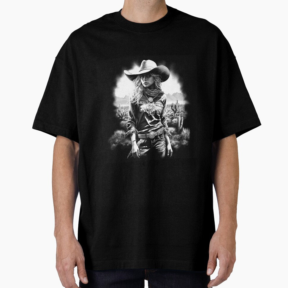 Western Cowgirl in Desert Cactus Landscape | Black and White Southwest Art by inkoutninja