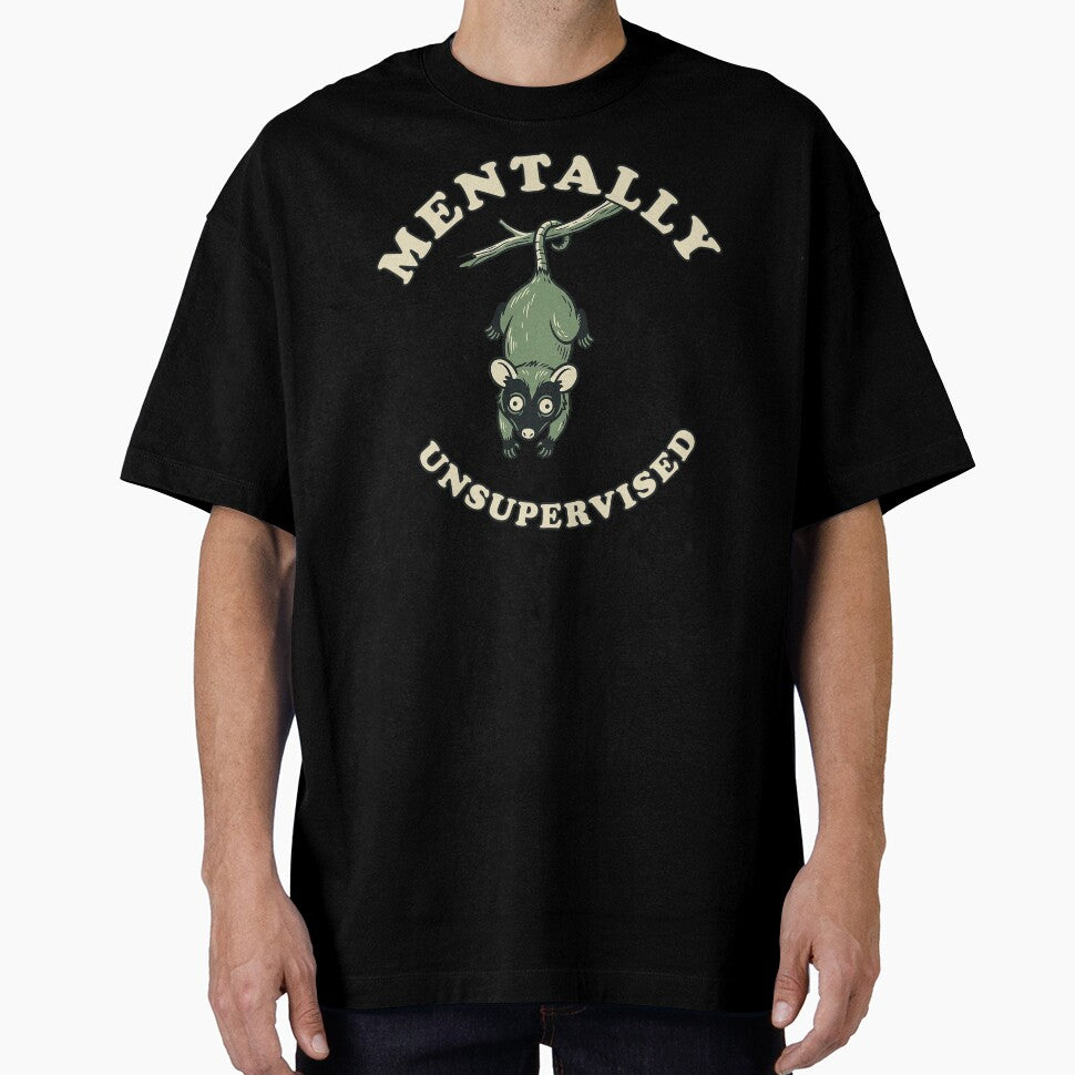 Mentally Unsupervised | Funny Hanging Opossum Retro Design by Akio Saiko