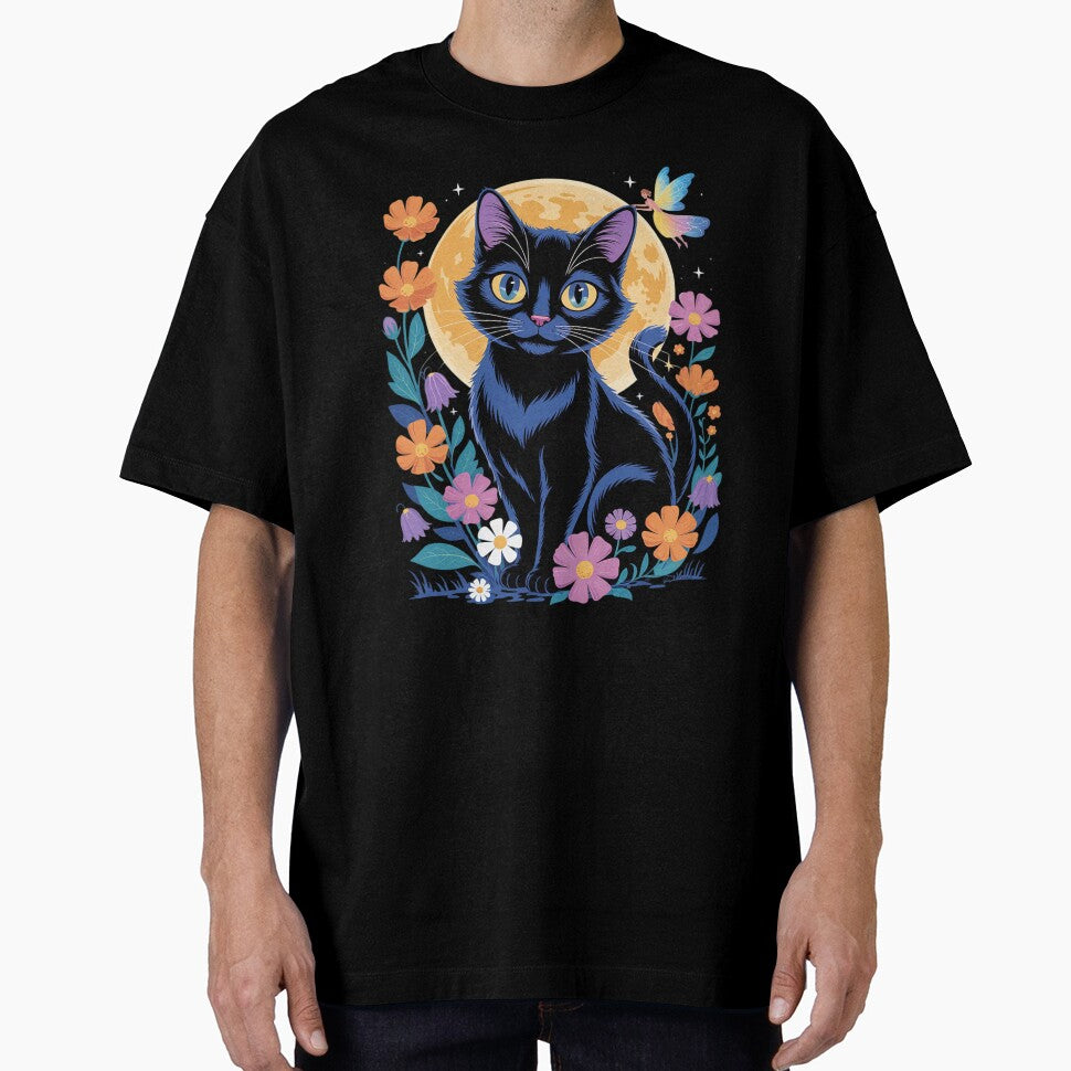Kitten Moon Wildflowers Tee Fairycore Whimsical Floral Cat by MyzoToyota