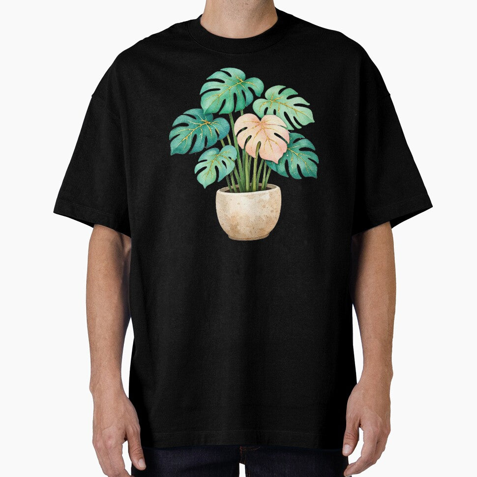 Golden Monstera Plant Watercolor Teal and Pink Tropical Leaves in Stone Pot by Owcomm