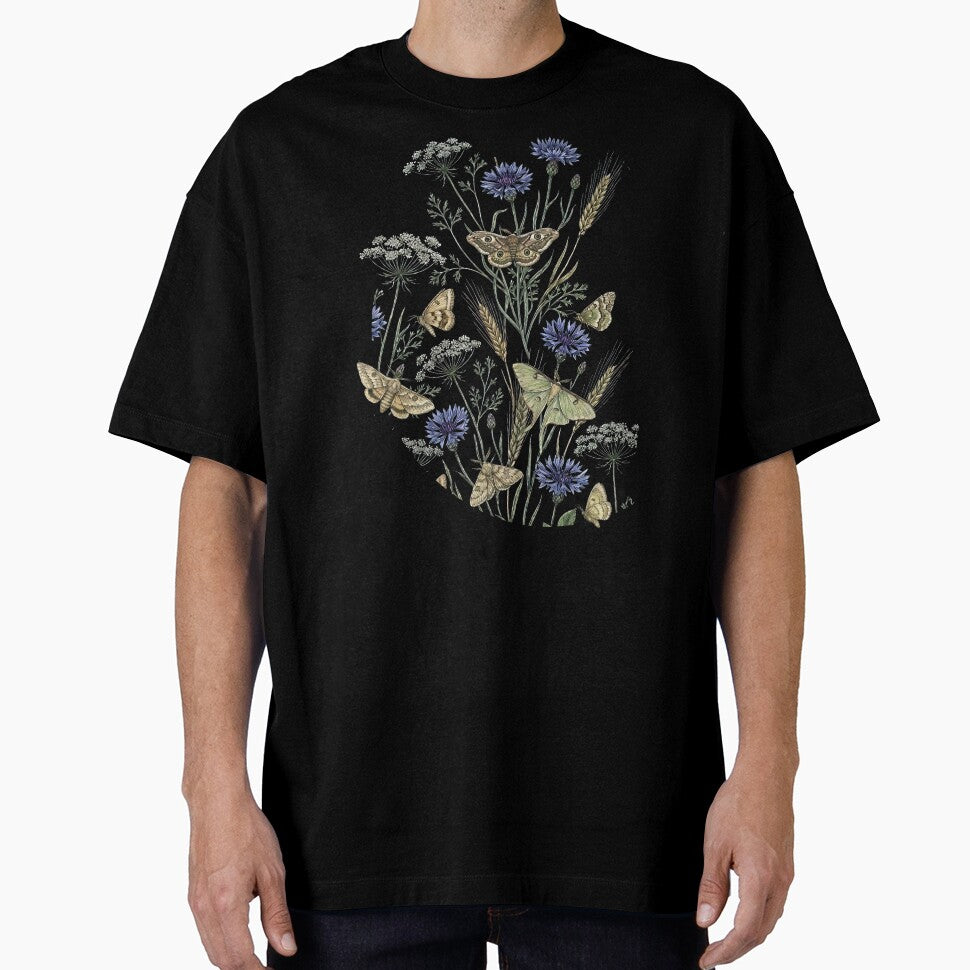 Dark Enchanted Night Garden Moth and Wildflower Pattern by LinaValearte