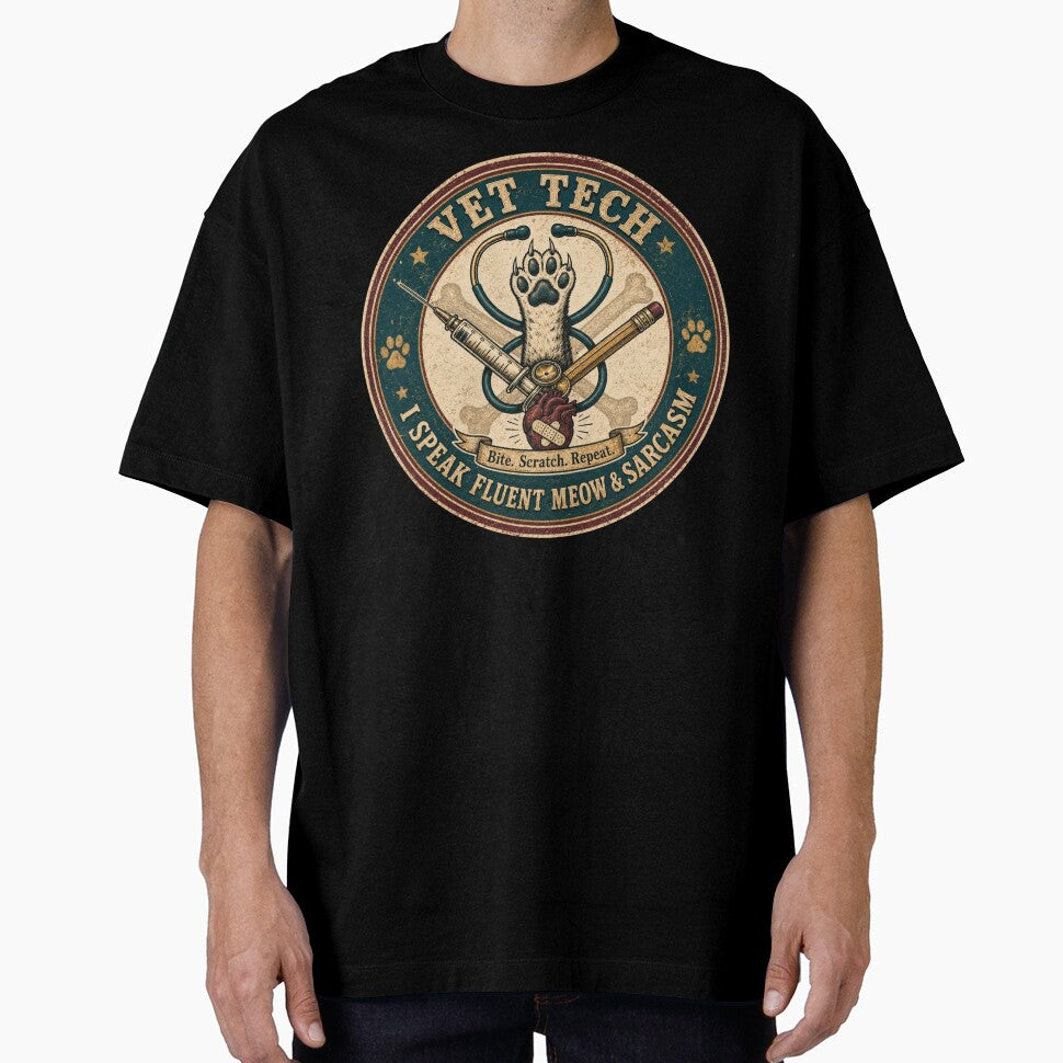 Vet Tech - I Speak Fluent Meow and Sarcasm Vintage Badge by SandiCreative