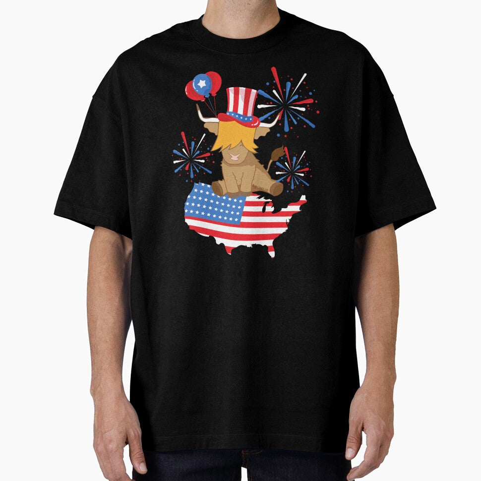 Scottish highland cow 4th of july independence celebration fireworks with USA map by Ayelandco