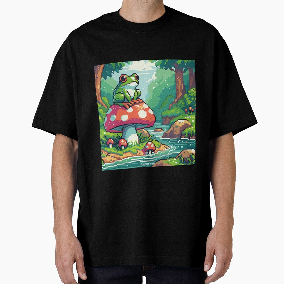 Cute kawaii frog sitting on mushroom and resting | pixel art by perfect-radius