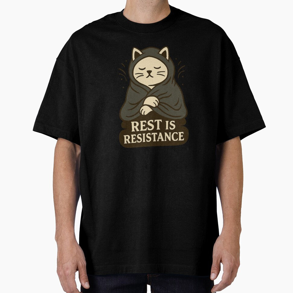 Rest Is Resistance – Minimalist Cat Wrapped in Blanket by Lacritsa