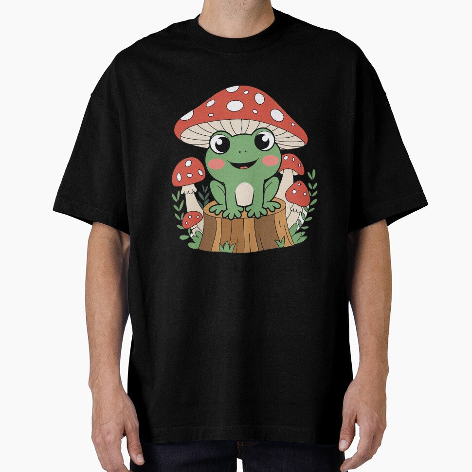 Cute Kawaii Frog with Mushroom Hat on Tree Stump Sticker by ZyxDes