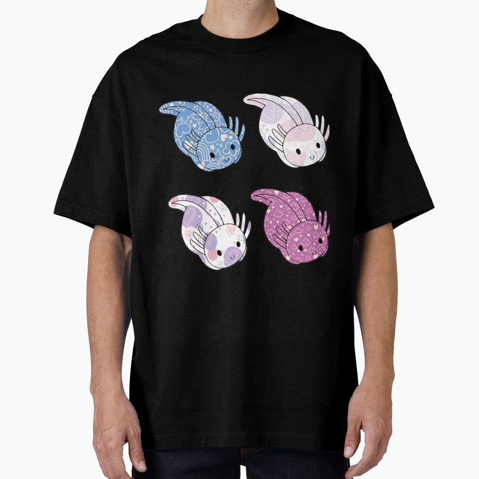 Cute Kawaii Baby Chibi Axolotl in Blue Pink and Purple Pastel Patterns by InkMemories