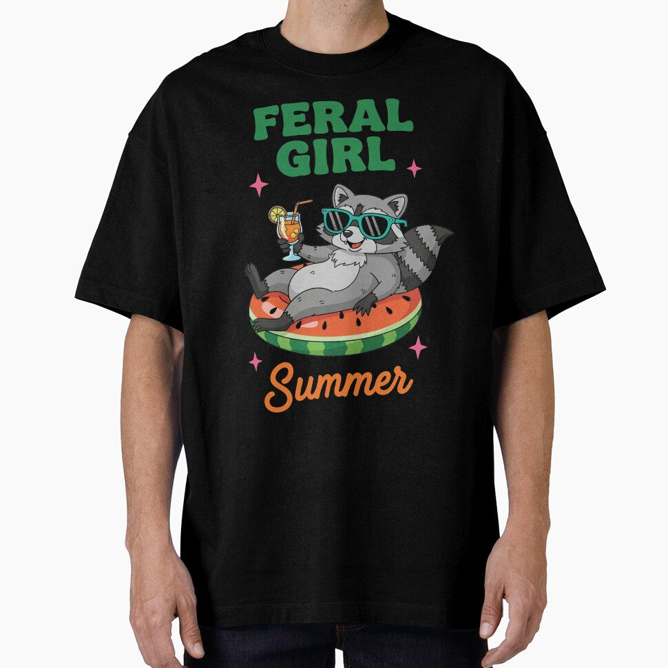 Feral Girl Summer – Raccoon on Watermelon Float Cartoon Design by NancyEstrada