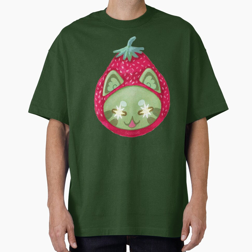 Strawberry Matcha Cat Art Print | Kawaii Fruit Cat Illustration | Green Cat Wall Art by ghostieking