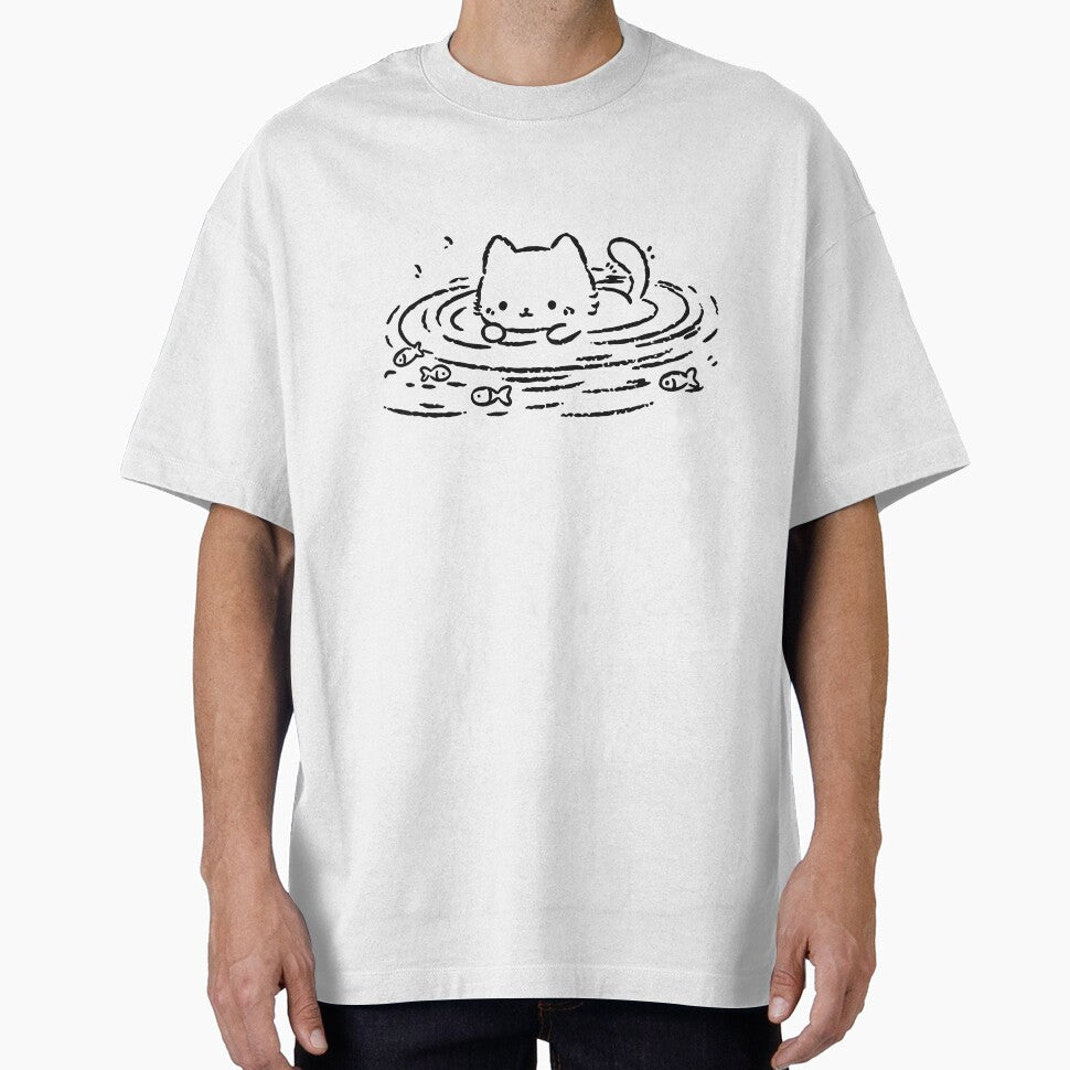 Kawaii Cute Cat Swimming Water Ripples Minimalist Fish by Krasnovaovaova