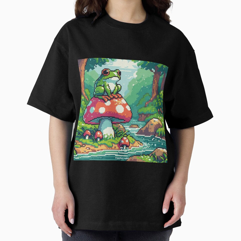 Cute kawaii frog sitting on mushroom and resting | pixel art by perfect-radius