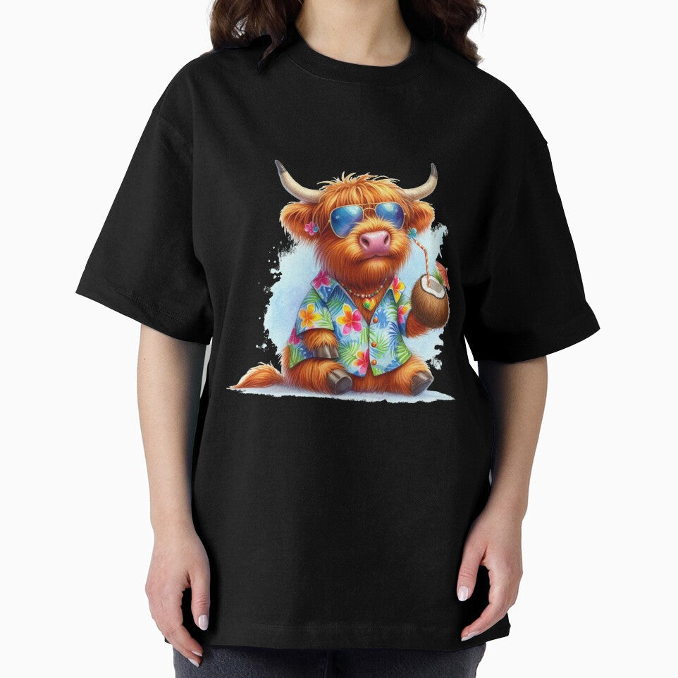 Scottish Highland Cow on Tropical Vacation Drinking a Cocktail in Shades in a Hawaiian Shirt Colorful Watercolor by MaedK