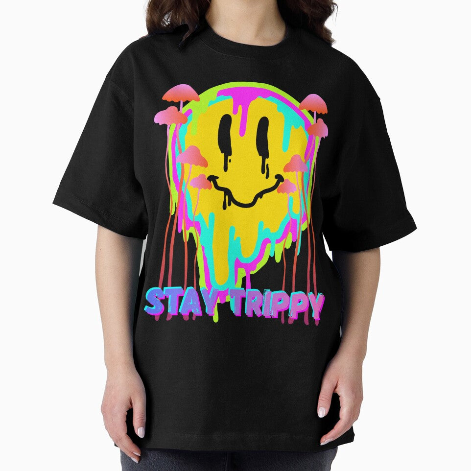 Stay Trippy Psychedelic Smiley Face – Neon Drip Mushroom Art by Painted Moon by Luna Bee™