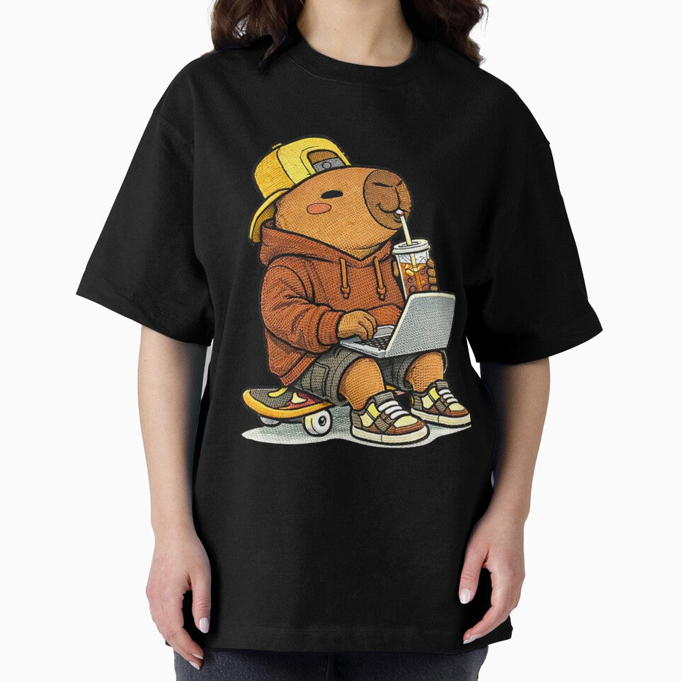 Laptop Work Capybara – Cute Kawaii Remote Work Capybara With Coffee Embroidered Patch Style by ColorSplash123