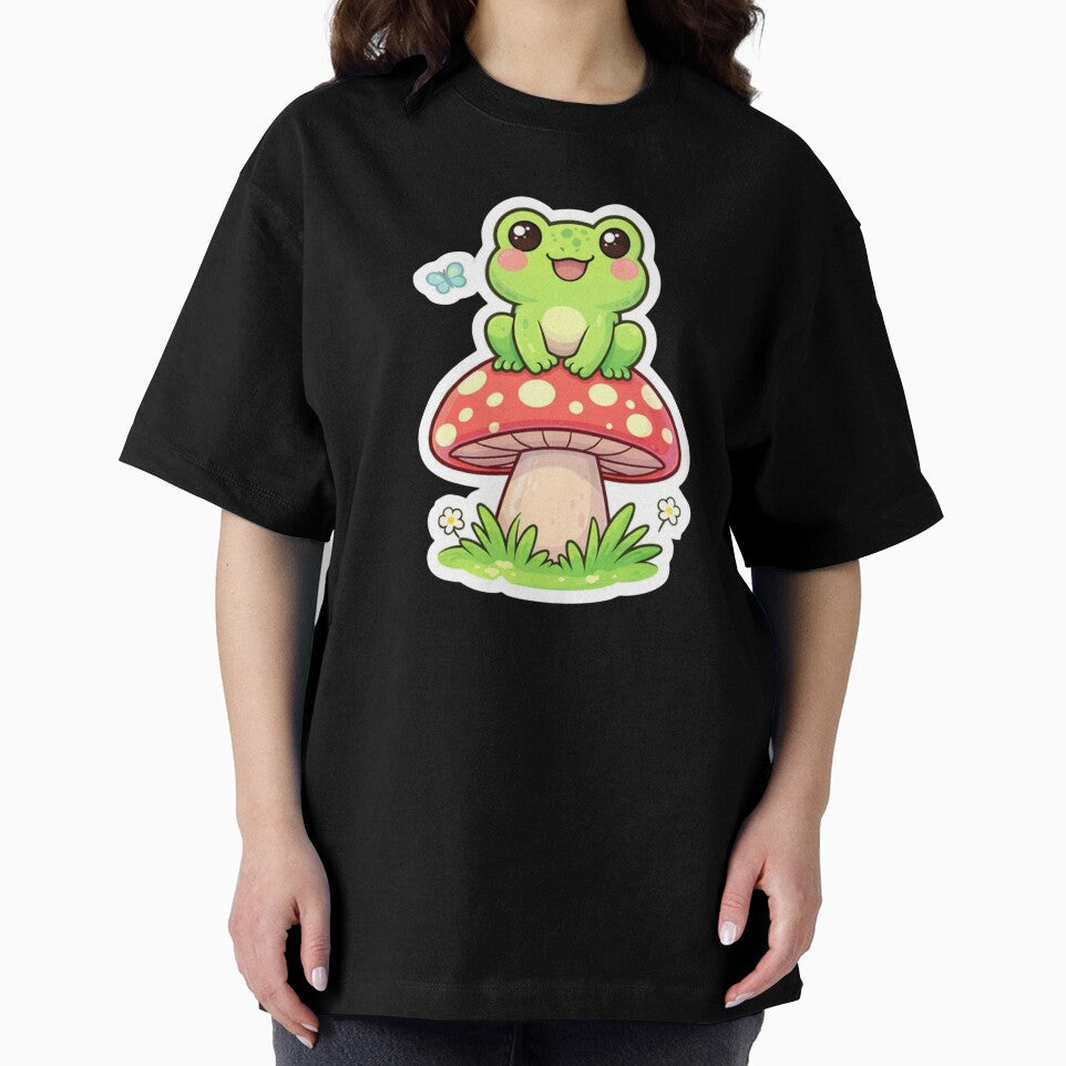 Cute Frog Sitting on Mushroom Sticker – Kawaii Frog Cartoon by Dasts Cart
