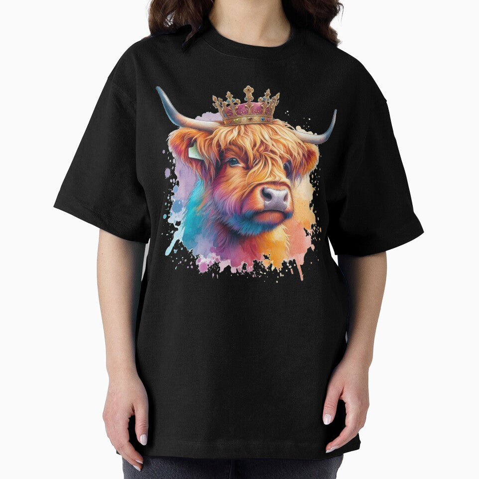 Scottish Highland Cow Wearing a Royal Crown Colorful Watercolor by MaedK