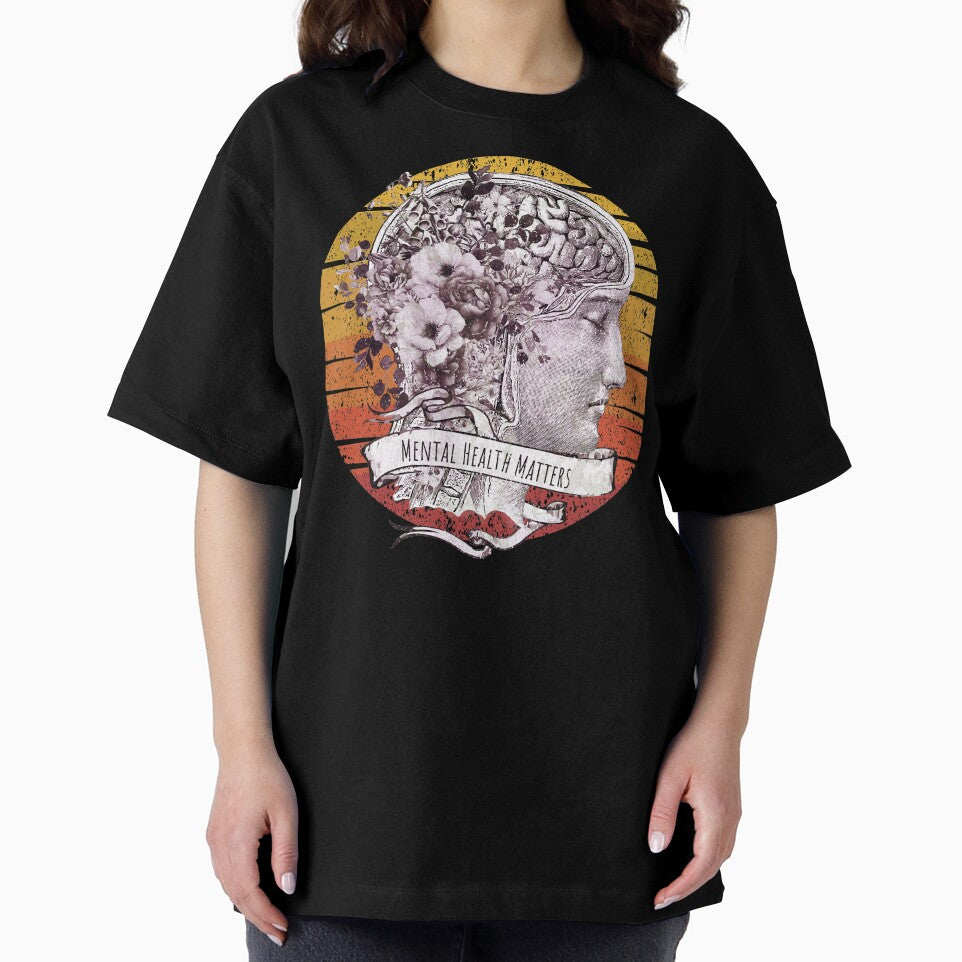 Brain anatomy floral mental health, brain psychology, sunset Vintage style, mental health matters by Collagedream