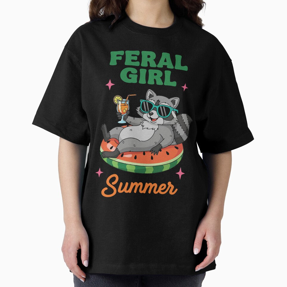 Feral Girl Summer – Raccoon on Watermelon Float Cartoon Design by NancyEstrada