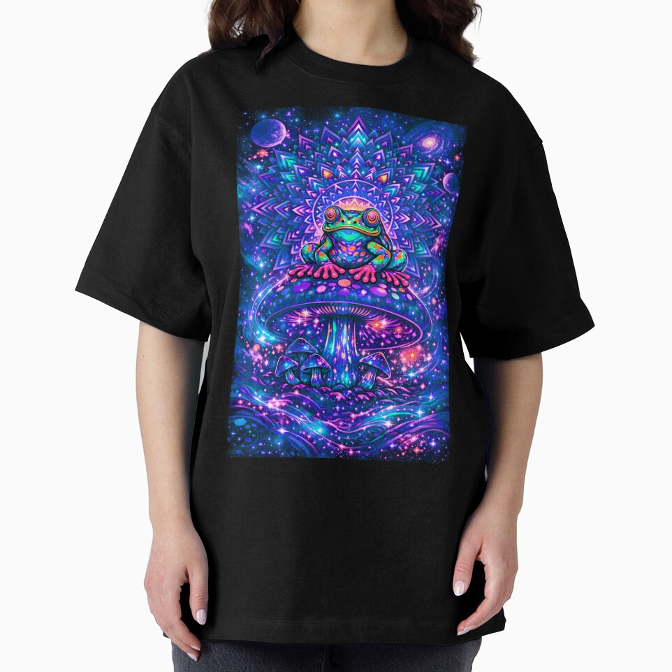 Trippy Cosmic Frog on Magic Mushroom – Psychedelic Mandala Galaxy Frog Art by RustedToad
