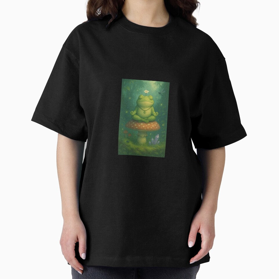Meditating Frog on Mushroom – Whimsical Forest Spirit Art by SoftWavesStudio