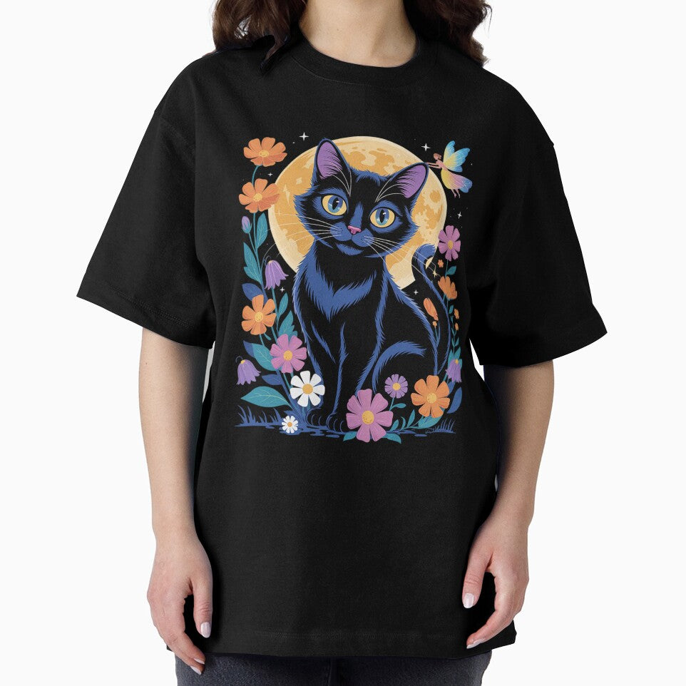 Kitten Moon Wildflowers Tee Fairycore Whimsical Floral Cat by MyzoToyota