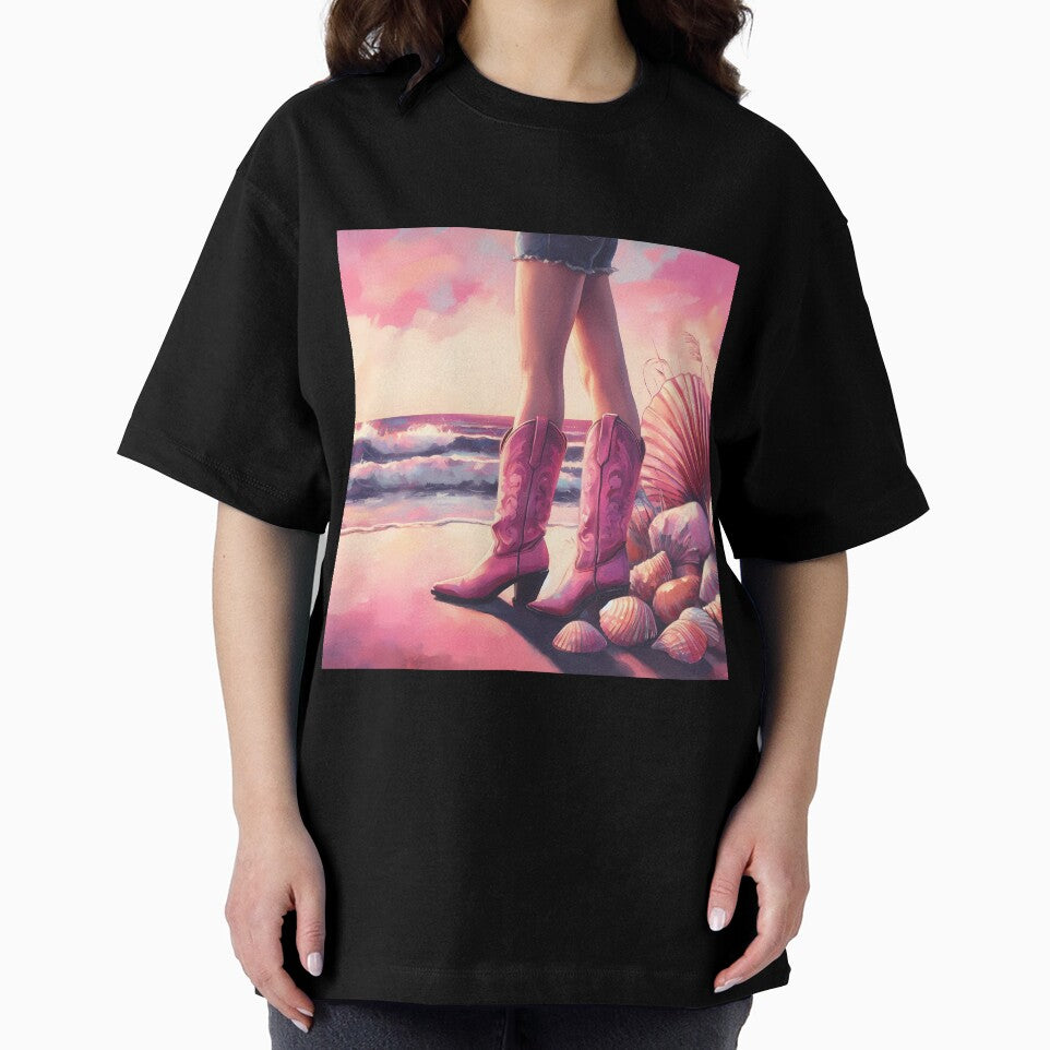 Sands, Shells, and Cowgirl Spells, Ocean Hues with Pink Boots Swells by EmeraldeaArt